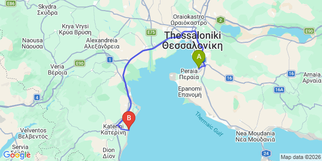 Map: Thessaloniki Airport (SKG) to Olympus Thalassea Hotel- Paralia Katerinis