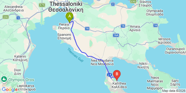 Map: Thessaloniki Airport (SKG) to Petrino Suites Hotel Xenodocheio, Athitos
