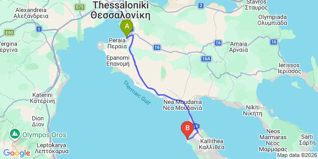 Map: Thessaloniki Airport (SKG) to Sani Dunes, Sani Dunes Sani Resort
