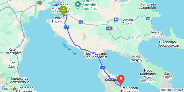 Map: Thessaloniki Airport (SKG) to Sea Level Hotel, Polyhrono