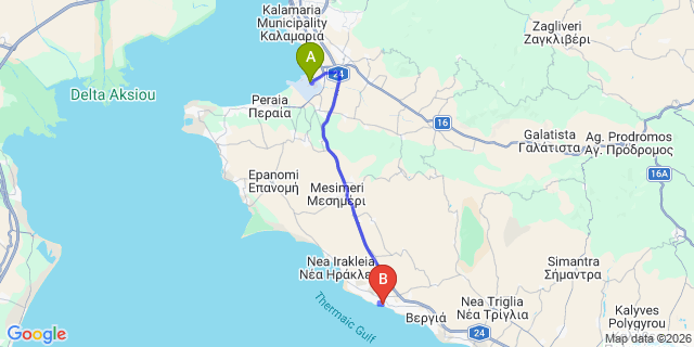 Map: Thessaloniki Airport (SKG) to Secret Paradise Hotel & Spa, Nea Kallikrateia