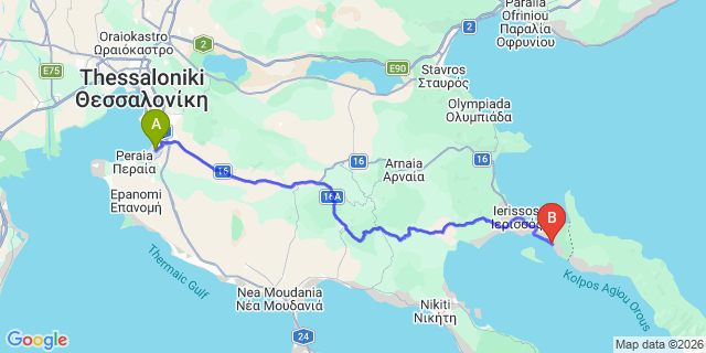 Map: Thessaloniki Airport (SKG) to Xenia Ouranoupolis Hotel, Ouranoupoli