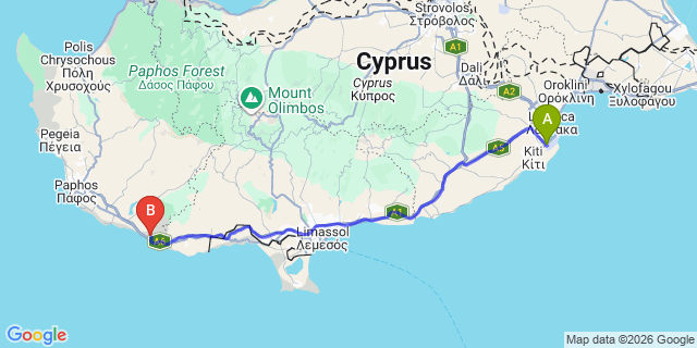 Map: Larnaca Airport (LCA) to Aphrodite Hills