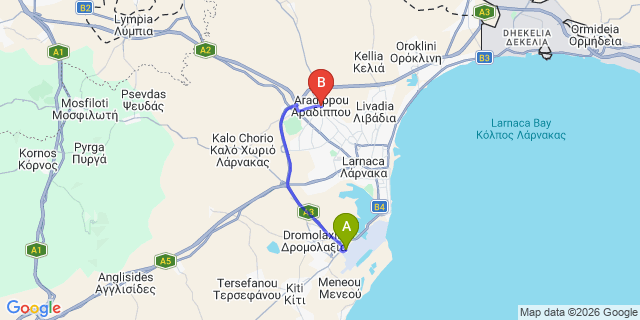 Map: Larnaca Airport (LCA) to Arradippou