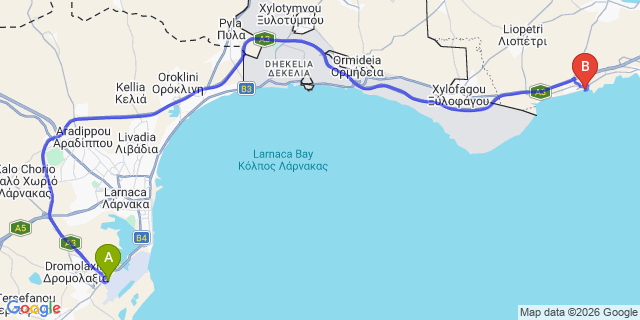 Map: Larnaca Airport (LCA) to Ayia Thekla