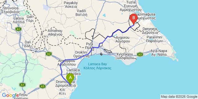 Map: Larnaca Airport (LCA) to Ayios Nicolaos