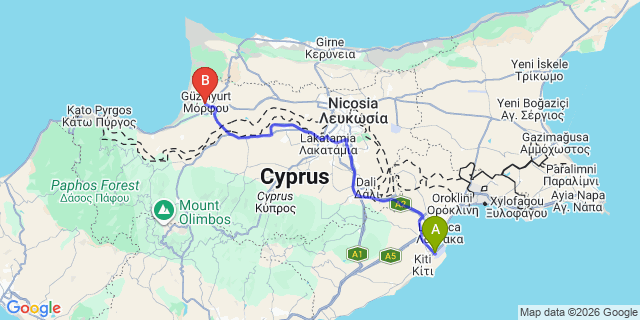 Map: Larnaca Airport (LCA) to Guzelyurt