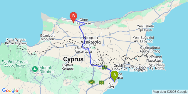 Map: Larnaca Airport (LCA) to Ilgaz
