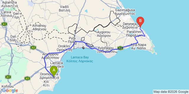 Map: Larnaca Airport (LCA) to Kapparis