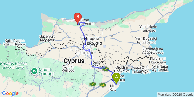 Map: Larnaca Airport (LCA) to Karaman
