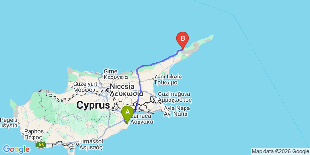 Map: Larnaca Airport (LCA) to Karpaz Gate Marina