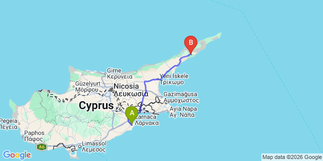 Map: Larnaca Airport (LCA) to Karpaz Peninsula