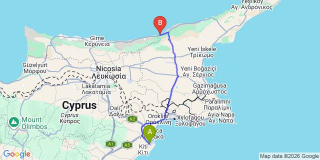 Map: Larnaca Airport (LCA) to Kucuk Erenkoy