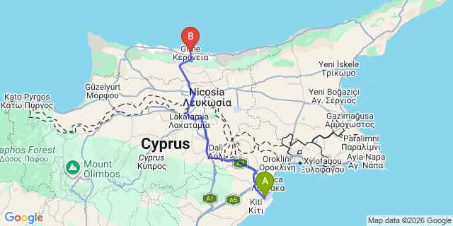 Map: Larnaca Airport (LCA) to Kyrenia