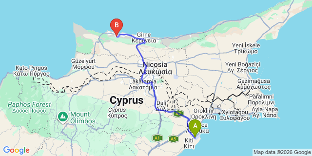 Map: Larnaca Airport (LCA) to Lapta