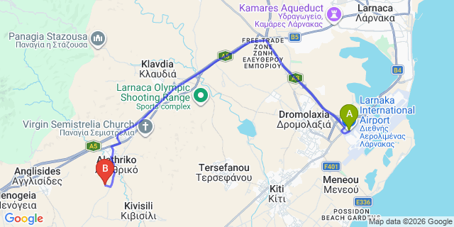 Map: Larnaca Airport (LCA) to Larnaca city (all areas)