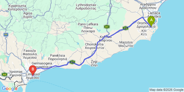 Map: Larnaca Airport (LCA) to Limassol