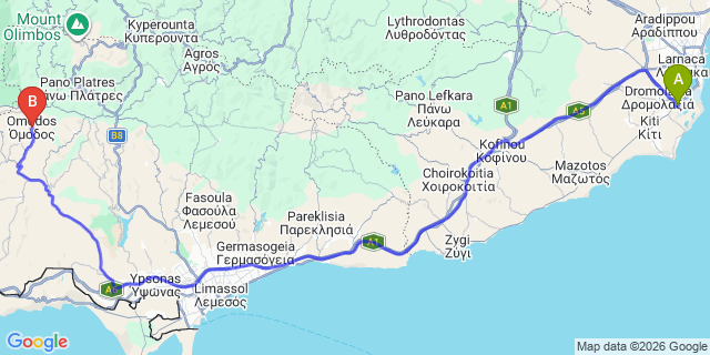 Map: Larnaca Airport (LCA) to Omodos