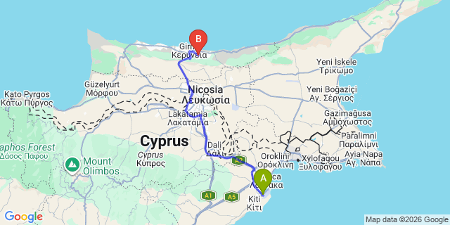 Map: Larnaca Airport (LCA) to Ozankoy
