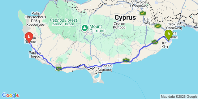 Map: Larnaca Airport (LCA) to Paphos Coral Bay