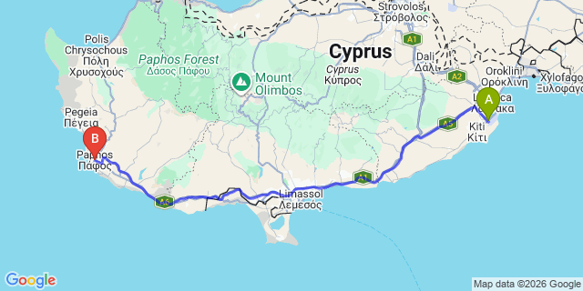 Map: Larnaca Airport (LCA) to cancelPaphos  Town