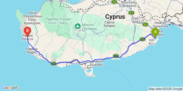 Map: Larnaca Airport (LCA) to Peyia