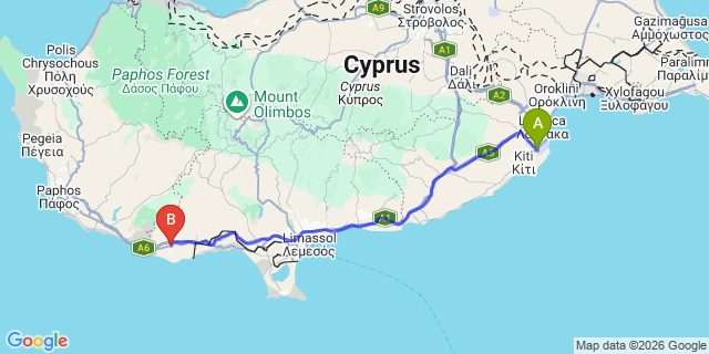 Map: Larnaca Airport (LCA) to Pissouri Area