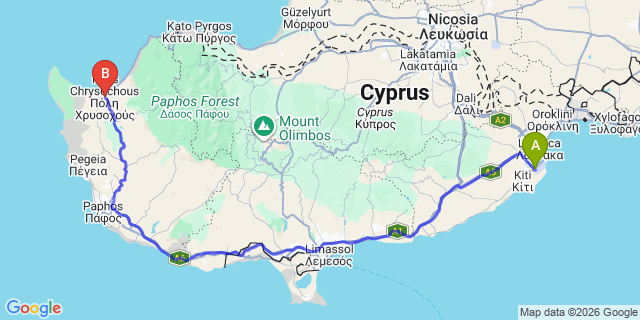 Map: Larnaca Airport (LCA) to Polis  Chrysochous