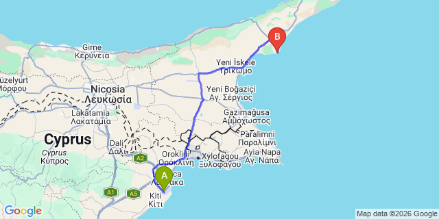 Map: Larnaca Airport (LCA) to Thalassa Beach Resort