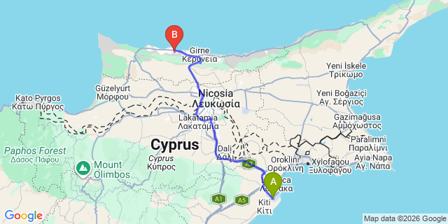 Map: Larnaca Airport (LCA) to Yesiltepe