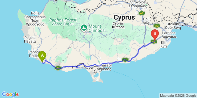 Map: Paphos Airport (PFO) to Alagadi Beach