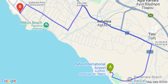 Map: Paphos Airport (PFO) to Athena Beach