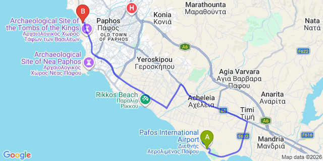 Map: Paphos Airport (PFO) to Capital Coast