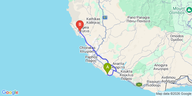 Map: Paphos Airport (PFO) to Coral Bay