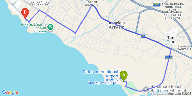 Map: Paphos Airport (PFO) to Cypria Bay