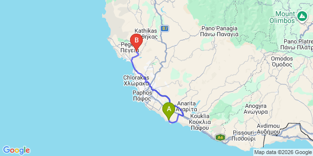 Map: Paphos Airport (PFO) to Dhroushia