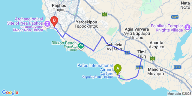Map: Paphos Airport (PFO) to Dionysos Central