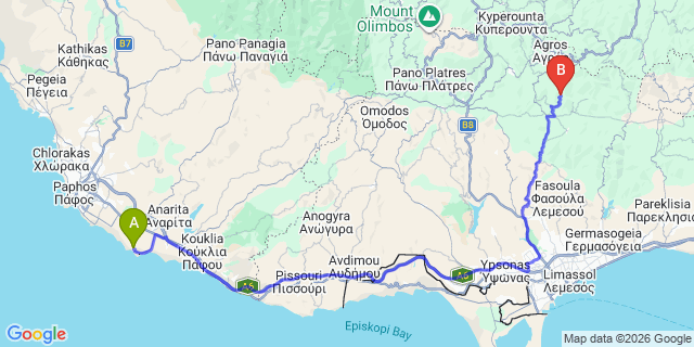 Map: Paphos Airport (PFO) to Kayalar