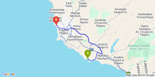 Map: Paphos Airport (PFO) to King Evelthon