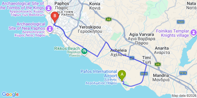 Map: Paphos Airport (PFO) to Kings Avenue Mall