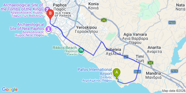 Map: Paphos Airport (PFO) to Kings Hotel