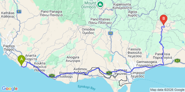 Map: Paphos Airport (PFO) to Lapta