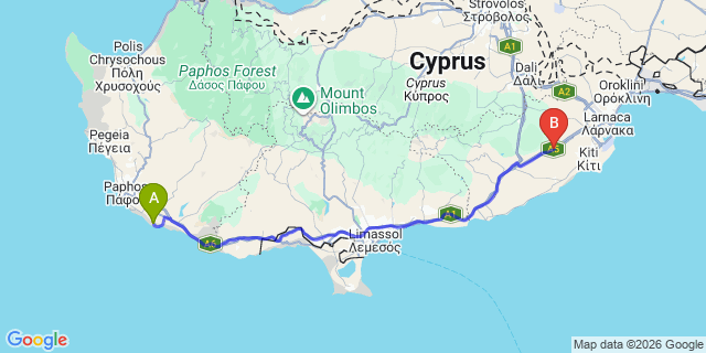 Map: Paphos Airport (PFO) to Larnaca city (all areas)
