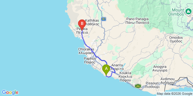Map: Paphos Airport (PFO) to Lower Peyia