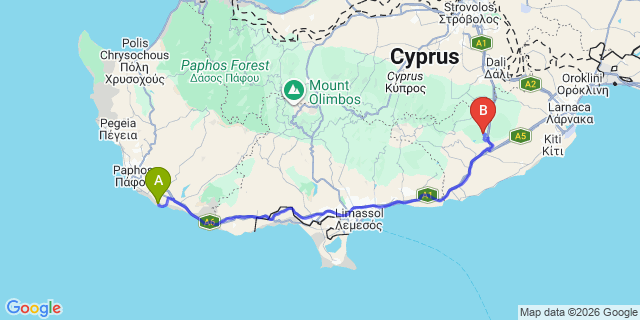 Map: Paphos Airport (PFO) to Nicosia