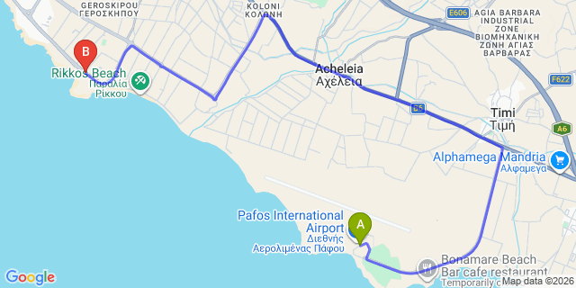 Map: Paphos Airport (PFO) to Pioneer Beach