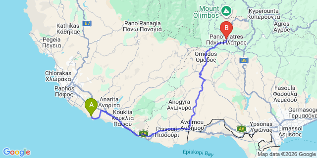 Map: Paphos Airport (PFO) to Platres