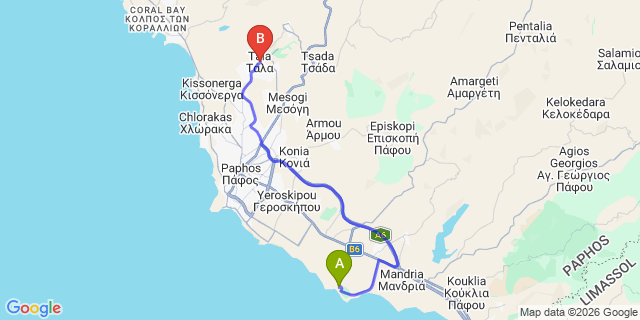 Map: Paphos Airport (PFO) to Tala
