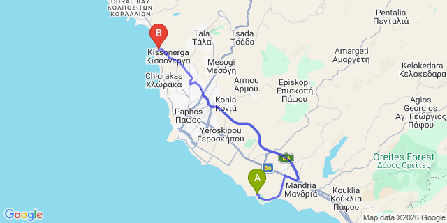 Map: Paphos Airport (PFO) to Theo Sunset Bay