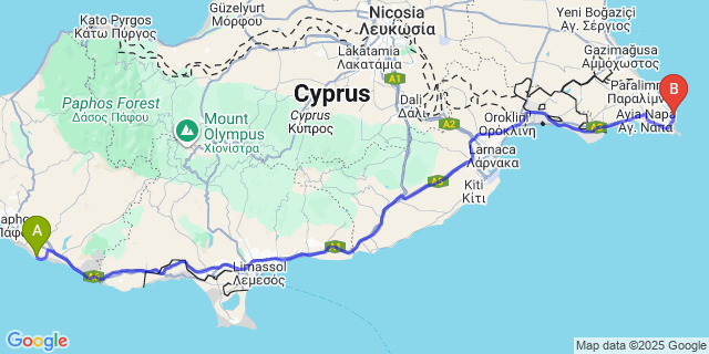 Map: Paphos Airport (PFO) to Turtle Bay